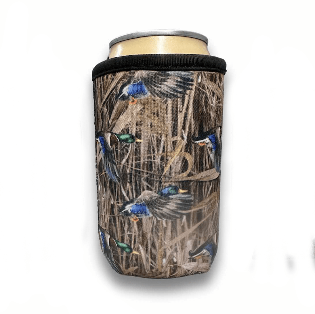 The Drink Handlers Premium 12oz Can Sleeves for Chill-N-Reel feature flying mallard ducks with green heads and blue wings on tall brown grass with a camouflage neoprene design.