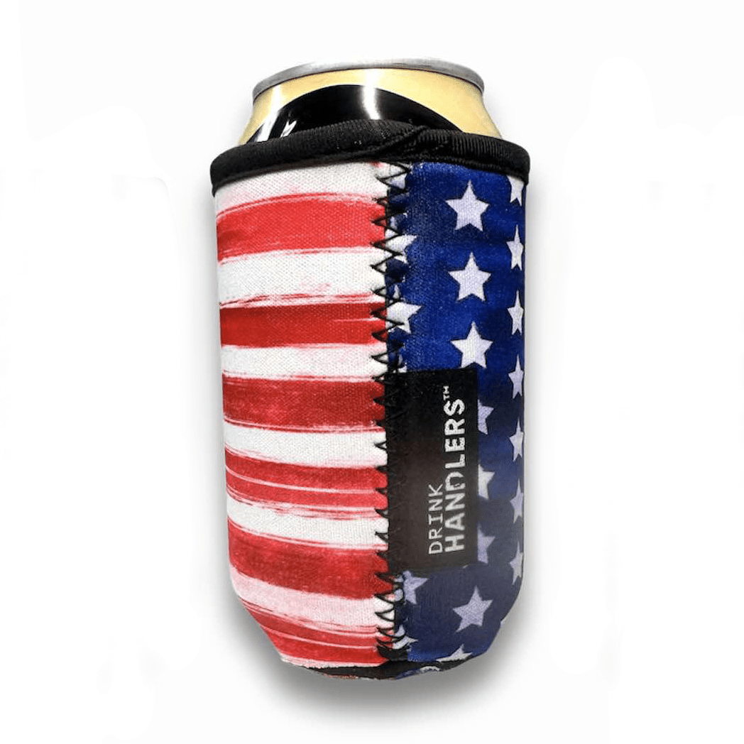 Keep your 12oz can cool with Drink Handlers’ Premium Can Sleeves for Chill-N-Reel, featuring a patriotic American flag design—red and white stripes on one side, and white stars on blue on the other.