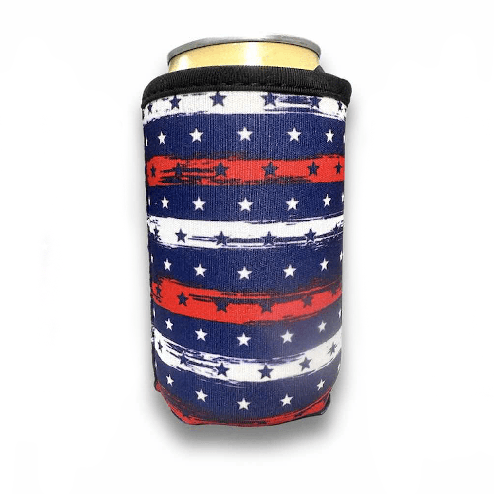 Show off your patriotism with Drink Handlers' Premium 12oz Can Sleeves for Chill-N-Reel—featuring a fabric koozie design with white stars on blue and bold red and white stripes, inspired by the American flag.