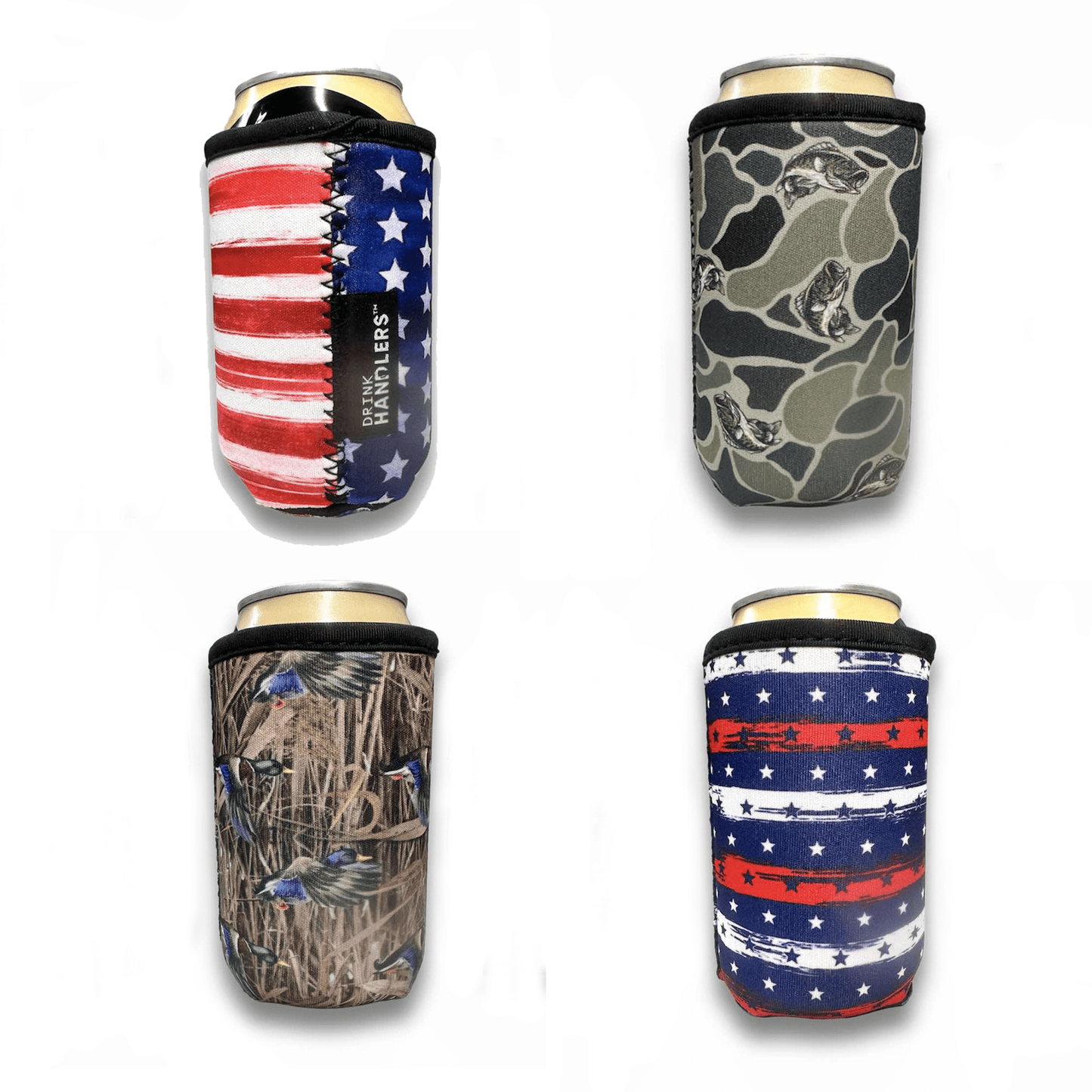 Four Premium 12oz Can Sleeves for Chill-N-Reel by Drink Handlers—American flag, green camo, birds in grass, and stars & stripes patterns—keep your drinks cool, all shown on a clean white background.