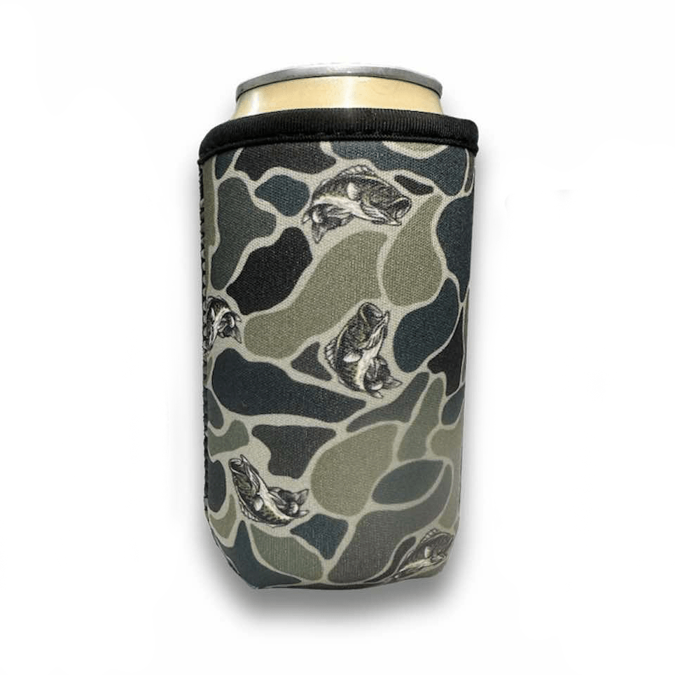 A 12oz can in a Drink Handlers Premium Can Sleeve for Chill-N-Reel, featuring a camouflage neoprene design with black and white fish illustrations on a white background.