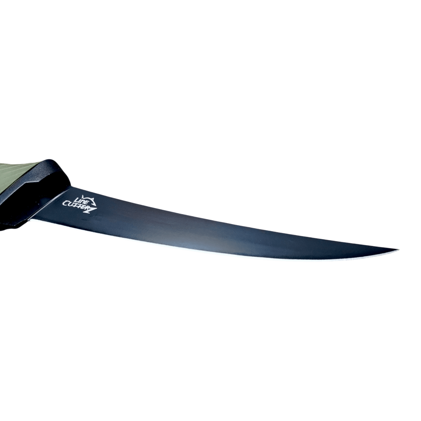 A close-up of the Line Cutterz Elite Fillet Knife by Line Cutterz, featuring a long, thin, curved stainless steel blade with a logo and a sharp edge for detailed cutting, and a dark handle, set against a plain white background.