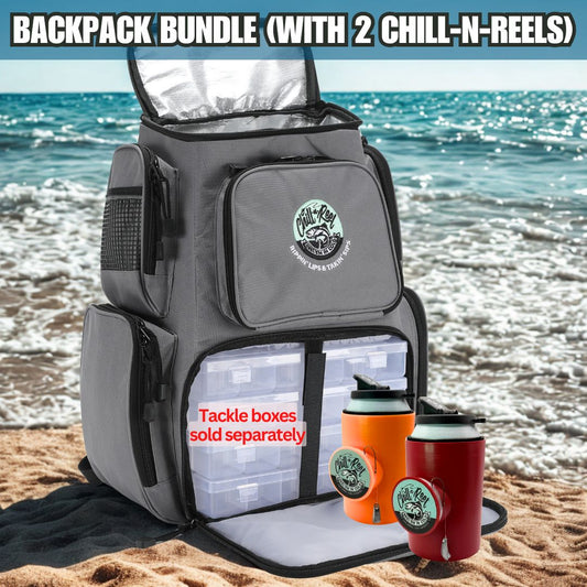 A Chill-N-Reel® Bundle: Tackle/Cooler Backpack with 2 Chill-N-Reels sits on a beach, front open to reveal three tackle boxes (sold separately). Text: "BACKPACK BUNDLE (WITH 2 CHILL-N-REELS)".