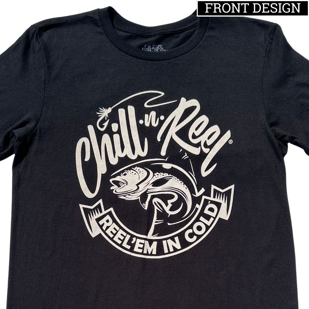 Soft Short Sleeve T-shirt - Chill-N-Reel ONE COLOR LOGO (on FRONT) with a white graphic on the front, featuring the words "Chill-n-Reel" at the top, a stylized fish in the center, and the phrase "Reel 'Em In Cold" below. The design is playful and dynamic, plus our super soft t-shirts guarantee comfort. As seen on Shark Tank. "FRONT DESIGN" labeled top right by Chill-N-Reel.