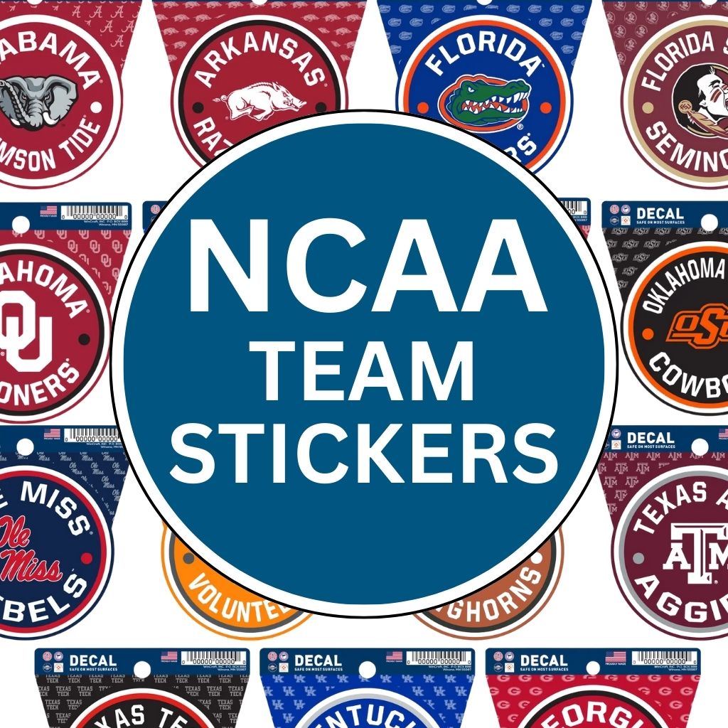 A Chill-N-Reel® graphic displays "Official NCAA Vinyl Decal Sticker – 3.5” Round – Choose Your Team" in a blue circle, surrounded by licensed NCAA team logos like Alabama, Arkansas, Florida, Oklahoma, Texas, and more.