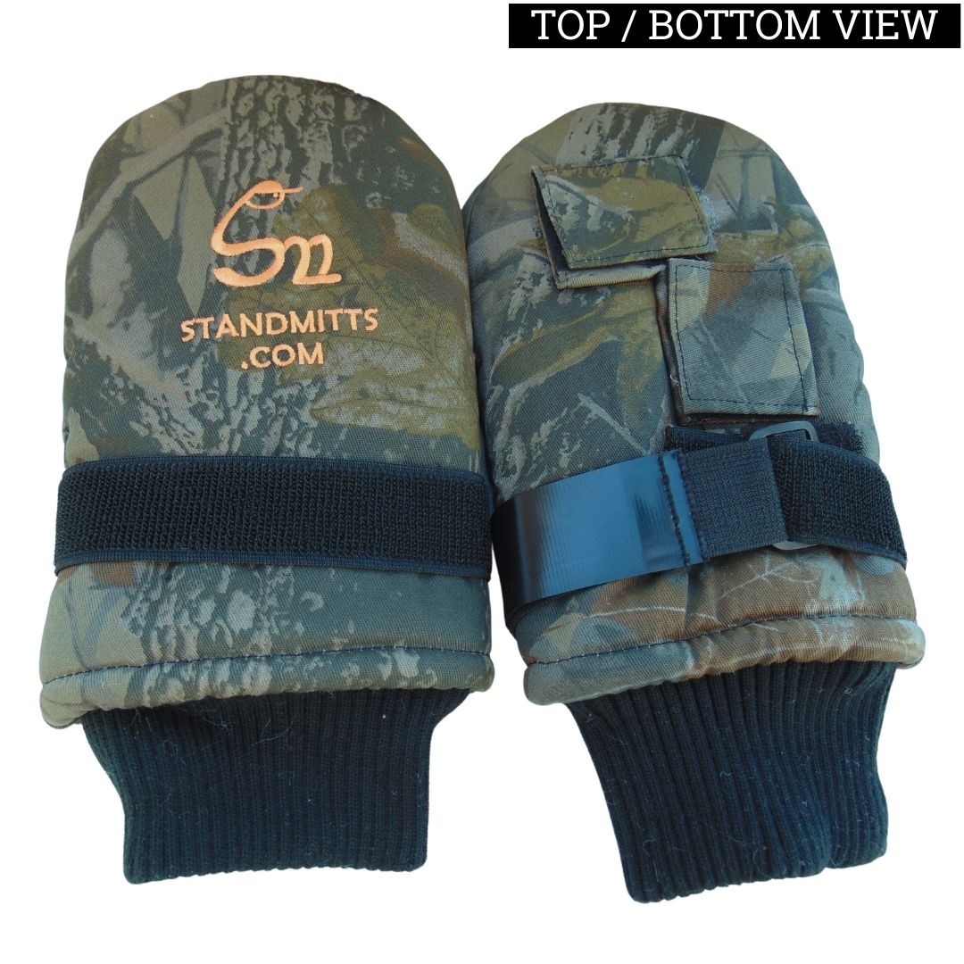 A pair of Stand Mitts by Chill-N-Reel: Warm Thumbless Mittens for Hunting, Ice Fishing, Sporting Events, Camping. Strap to Legs, Tree Stands, Chairs with a black strap and a loop closure on one mitten. "Chill-N-Reel®" is embroidered in orange on one mitten. Ideal for winter outdoor activities, the mittens have ribbed black cuffs and padded fabric. The image shows both the top and bottom views of these hunting gloves.