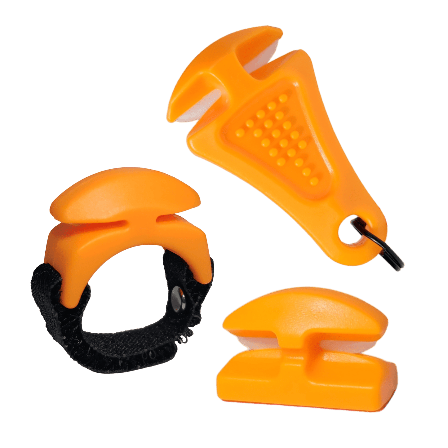 The Line Cutterz "TRIPLE PLAY" Fishing Line Cutter Multi-Pack includes three orange plastic paddle holders—one with a black Velcro strap, one with a keyring, and one freestanding—all featuring a curved textured design.