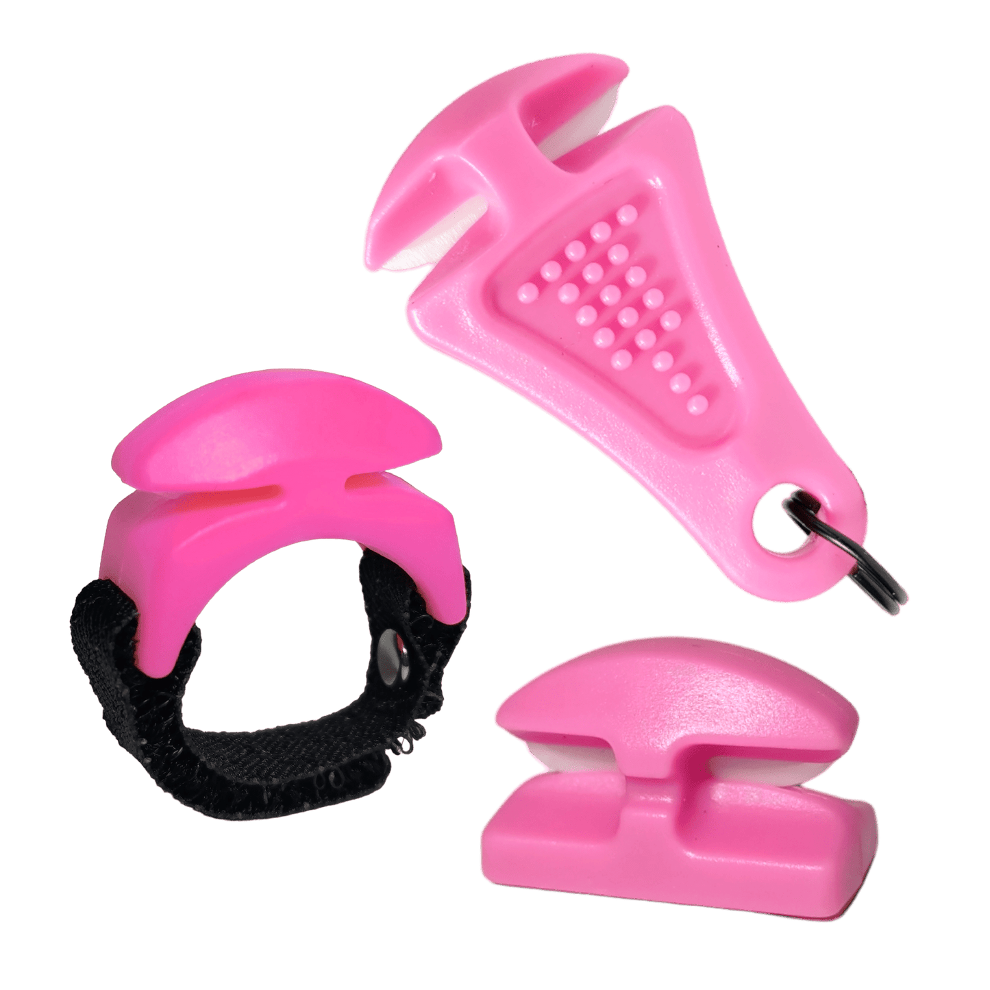 The Line Cutterz "TRIPLE PLAY" Fishing Line Cutter Multi-Pack is shown: a pink textured tag with keyring, a clip on a black strap, and a smooth holder—all set against a white background.
