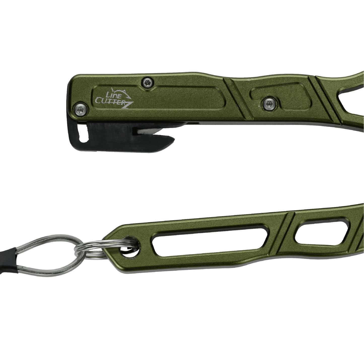 Close-up of green Line Cutterz Elite Pliers with a hook and partially open design, attached to a metal ring. This fishing tool features a ceramic blade for cutting lines and is branded by Line Cutterz.