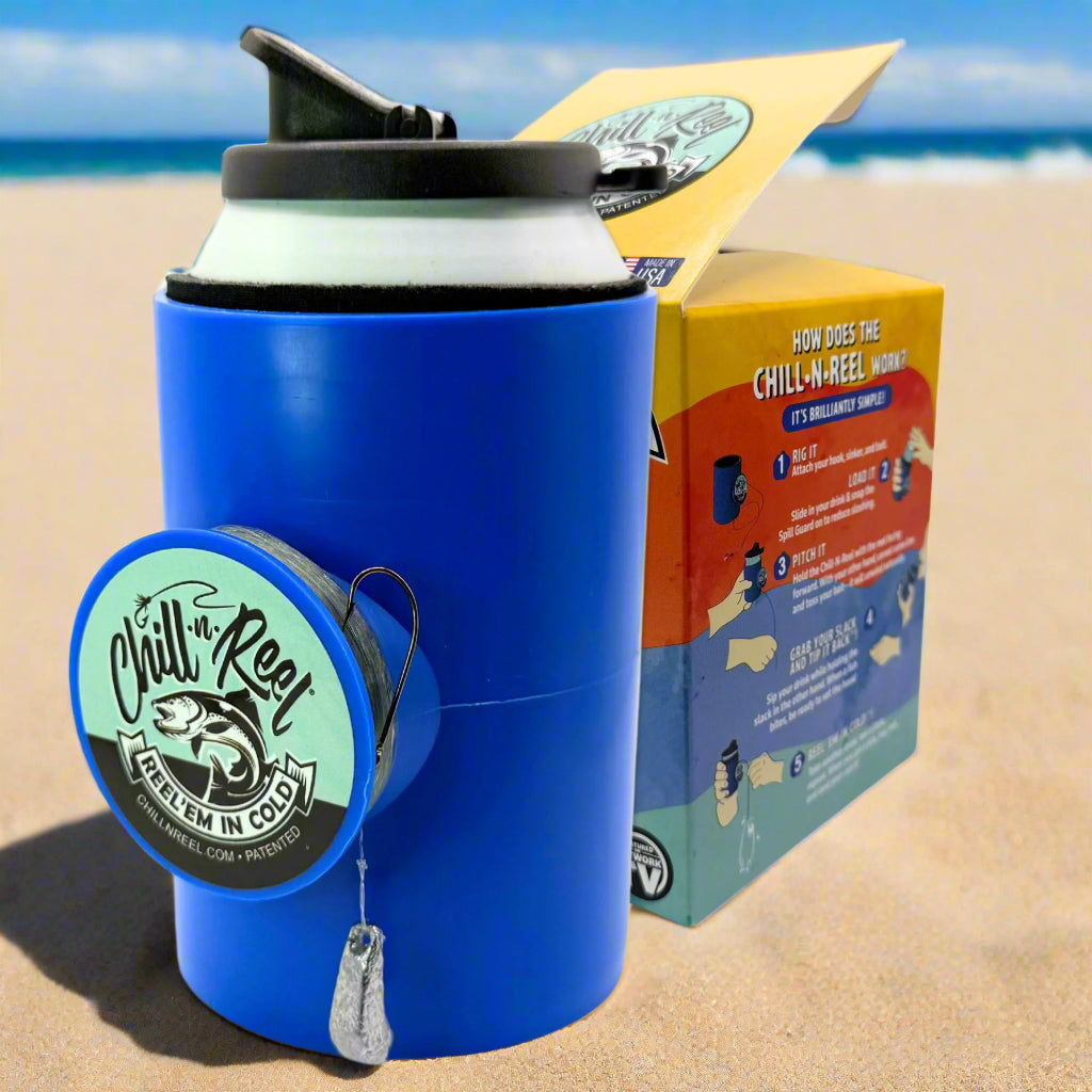 A Chill-N-Reel® 'Merica Bundle, featuring red and blue drink holders with built-in fishing reels, is shown alongside its packaging and Redneck Fish Stickers.