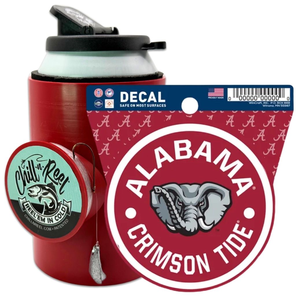 The Chill-N-Reel® Bundle includes a red tumbler, a Chill-N-Reel can cooler fishing accessory, and an NCAA Alabama Crimson Tide decal with a gray elephant—an ideal gift for fishing fans.