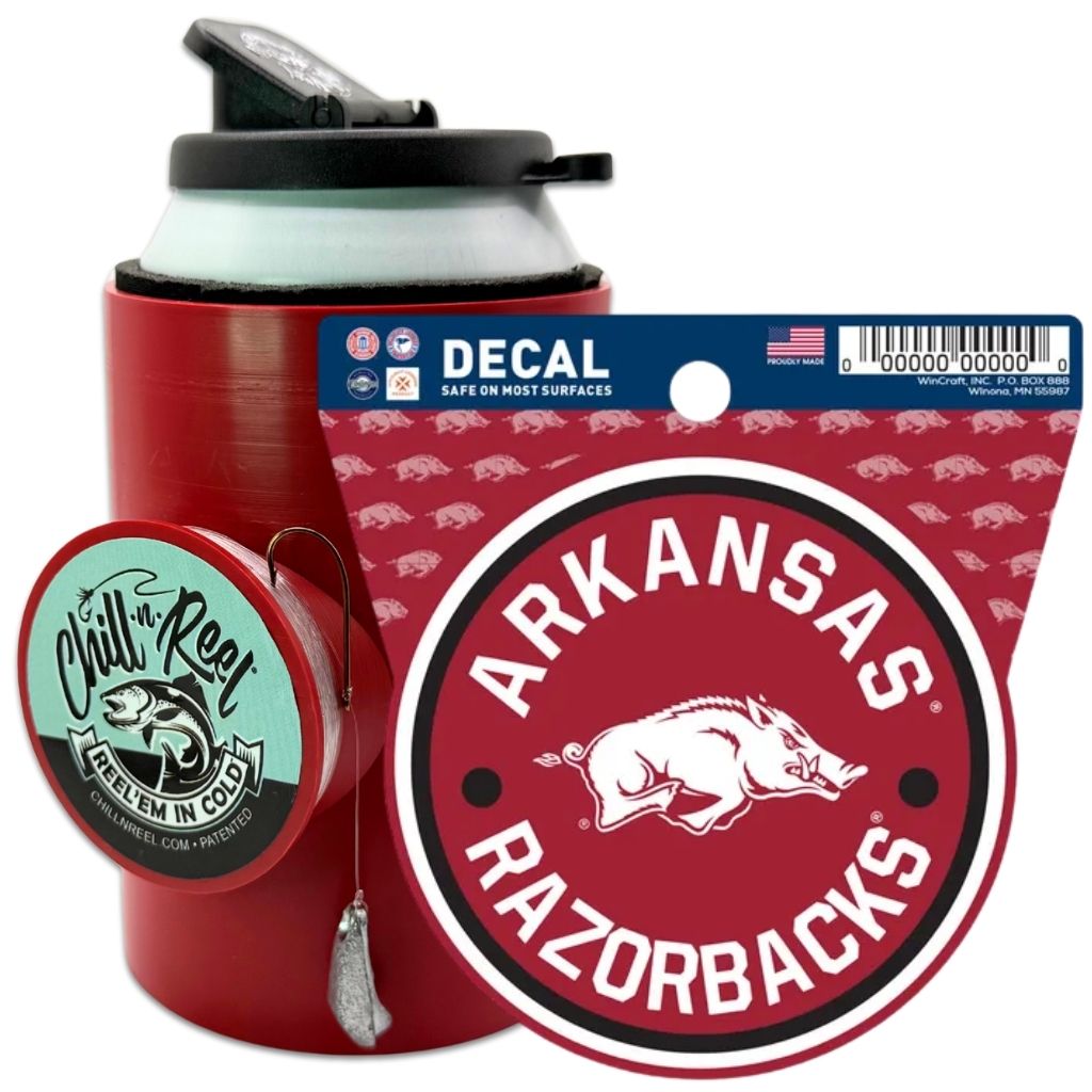The Chill-N-Reel® Bundle pairs a vivid red NCAA Team Decal with a matching can cooler and mounted fishing reel—bold team logos make it the perfect fishing gift for fans.