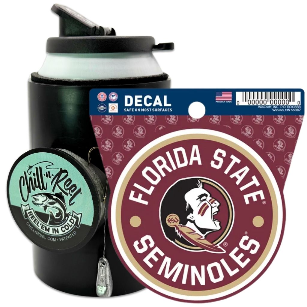 The Chill-N-Reel® Bundle includes a black fishing can cooler with logo sticker, hanging lure, and a round NCAA Florida State Seminoles team decal—an ideal gift for fishing fans.