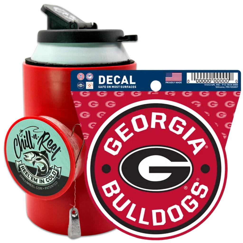 The Chill-N-Reel® Bundle includes an NCAA Team Decal with the Georgia Bulldogs logo and a red fishing can cooler, making it the perfect gift for sports fans who love to fish.