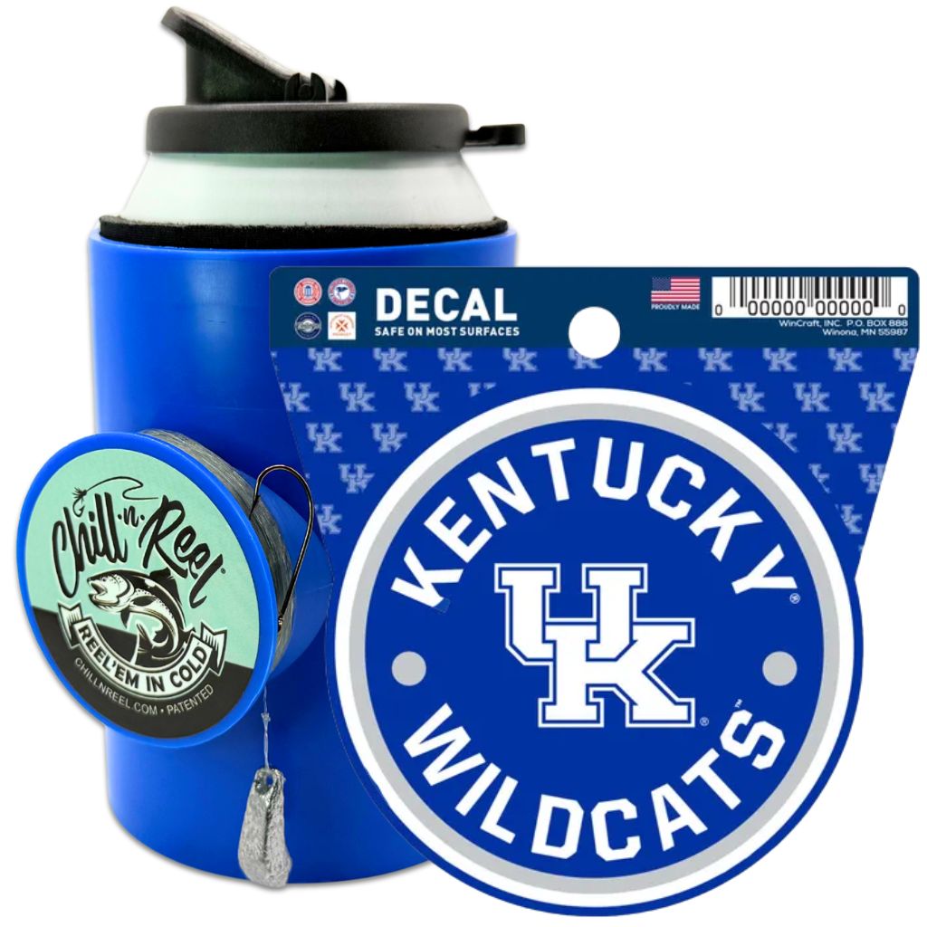 The Chill-N-Reel® Bundle includes an NCAA team decal and a unique round fishing reel—an ideal gift for Kentucky Wildcats fans who love fishing.