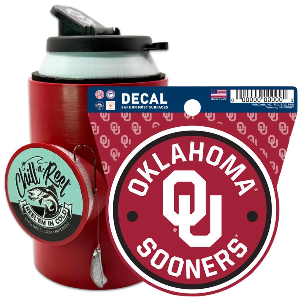 The Chill-N-Reel® Bundle includes a red insulated can cooler with a light blue "Chill-N-Reel" logo and a large Oklahoma Sooners NCAA team decal, making it the perfect fishing gift in its packaging.