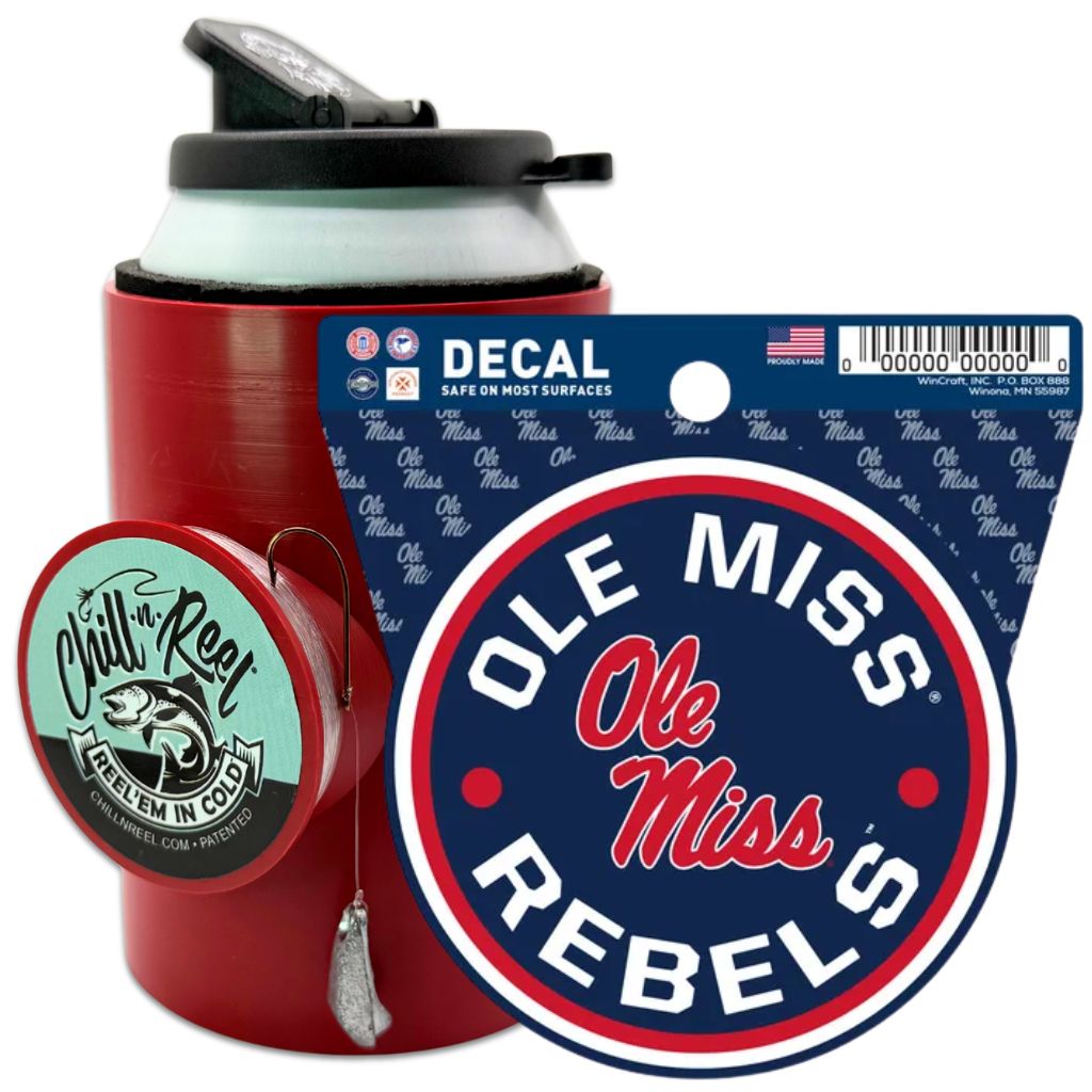 The Chill-N-Reel® Bundle pairs a red can cooler with fishing reel and a round blue Ole Miss Rebels NCAA team decal, featuring bold red and white text—making it the perfect fishing gift.
