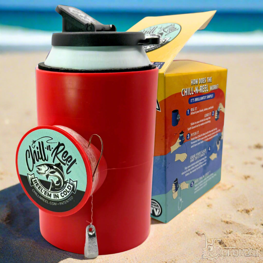 A Chill-N-Reel® 'Merica Bundle—which includes red and blue drink holders with built-in fishing reels—secures a beverage can. The box, shown in back, features angler-focused illustrations and Redneck Fish Stickers.
