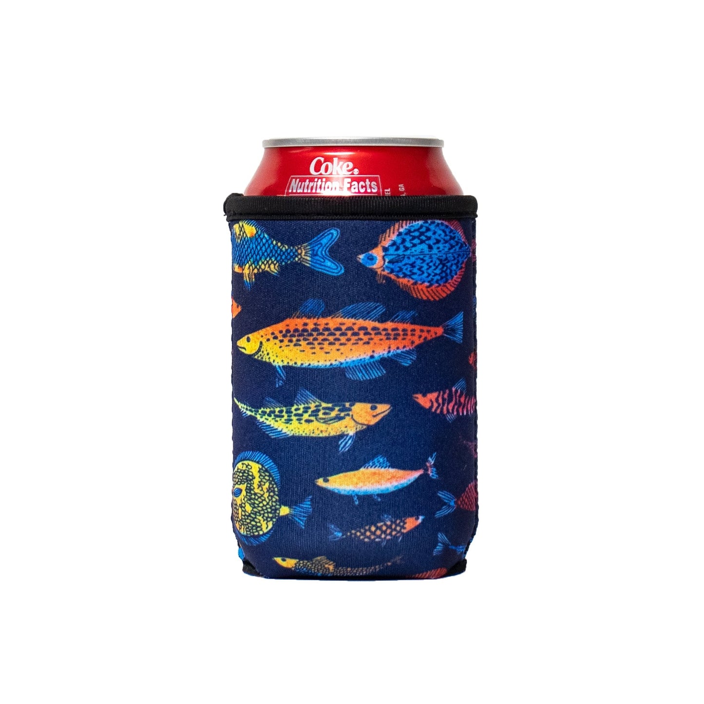 A red Coke can sits in a Drink Handlers Premium 12oz Can Sleeve for Chill-N-Reel, featuring colorful fish on dark blue neoprene, set against a plain white background.