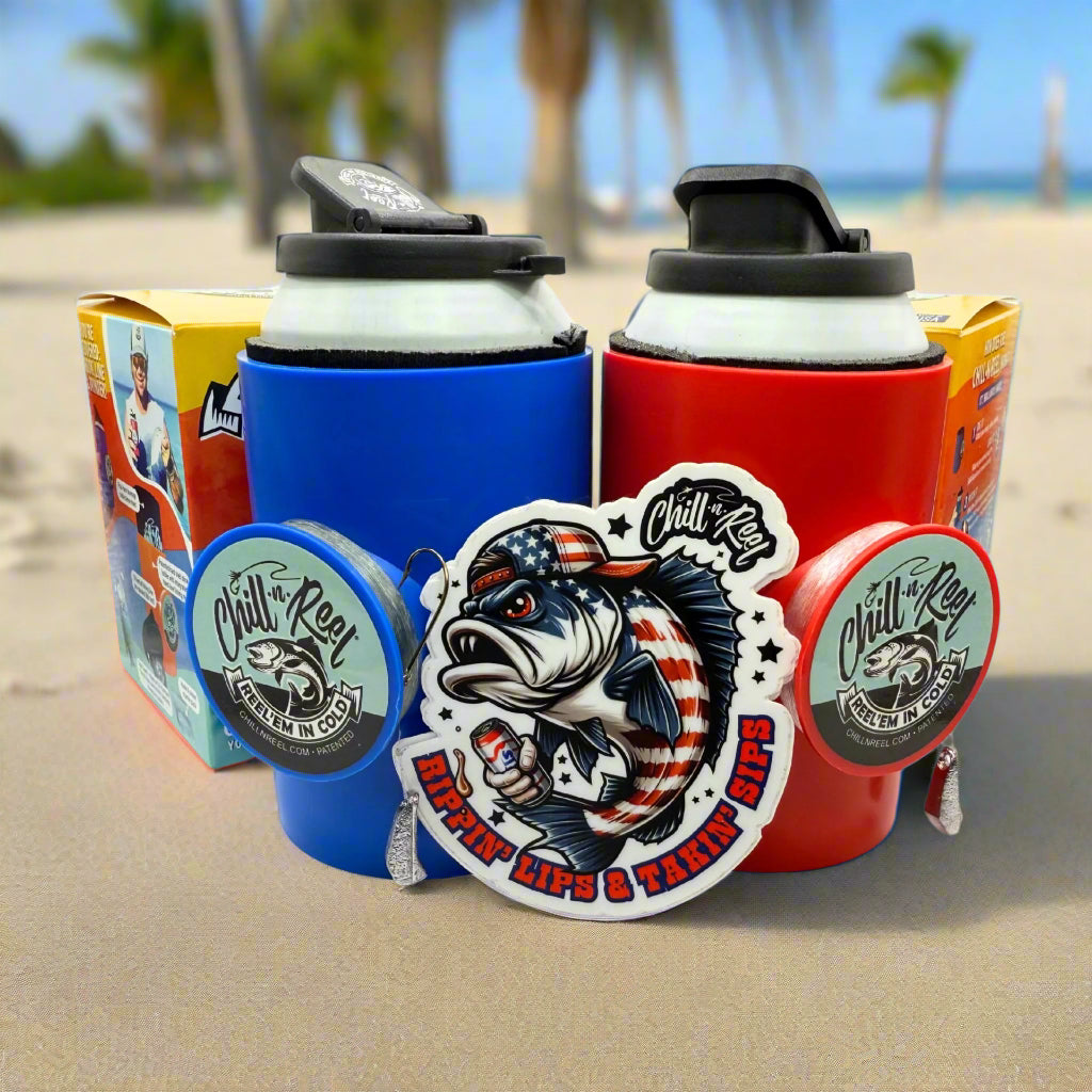 The 'Merica Bundle from Chill-N-Reel® features red and blue insulated tumblers with Redneck Fish Stickers, plus two fishing reel beverage holders—featured on Shark Tank—displayed on a beach with packaging in the background.