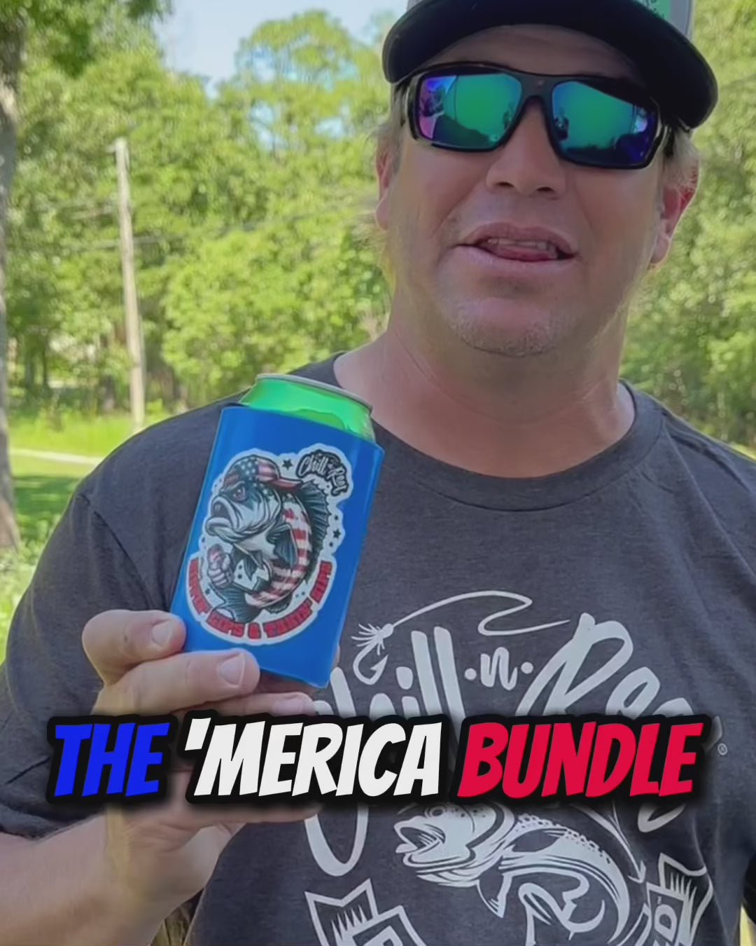 In the video, Jake introduces the 'Merica Bundle, featuring red and blue Chill-N-Reels, and two Redneck Fish Rippin Lips, Takin Sips stickers. Each Chill-N-Reel includes 50 feet of 8-pound test line, a hook, sinker, foam koozie, and a spill guard, perfect for fishing and drinking simultaneously.