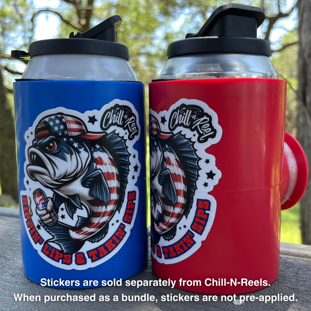 One 'Merica Bundle: Red & Blue Chill-N-Reel with Redneck Fish Stickers are pictured outdoors, one blue and one red. Each is a unique fishing and drinking combo, equipped with can holders and featuring a sticker of a fish wearing an American flag cap. Text below states stickers are sold separately and are not pre-applied when purchased as a bundle. Made in the USA.