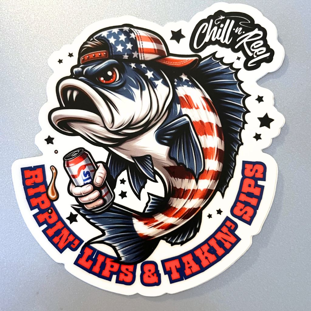Sticker illustration of an anthropomorphic fish dressed in Americana-themed attire, holding a can of beer and wearing a cap backwards. The text reads "Rippin' Lips & Takin' Sips" in bold red letters, with "Chill-N-Reel" at the top in white cursive.