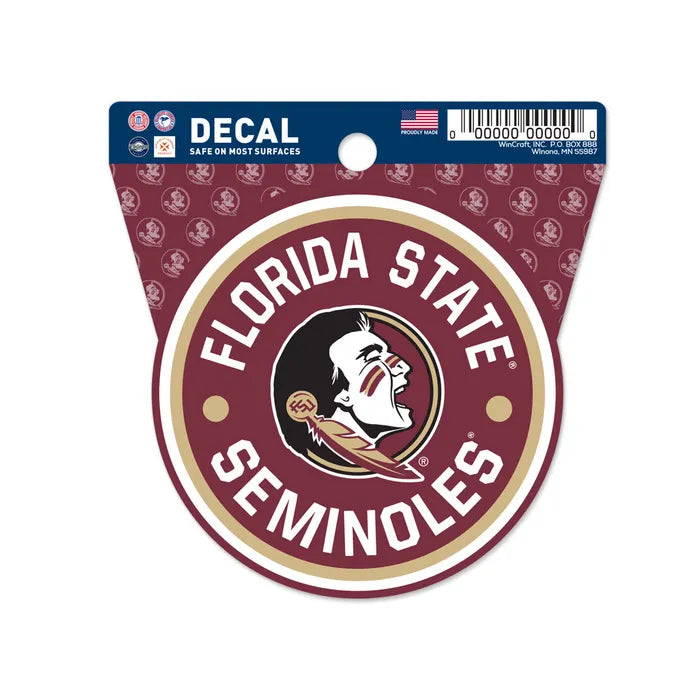Show team spirit with the Chill-N-Reel® Official NCAA Vinyl Decal Sticker, 3.5” round, featuring the Florida State Seminoles warrior logo in maroon and gold with "Florida State Seminoles" text. Officially licensed college team sticker.