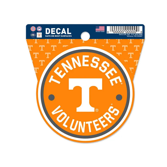 Show your team spirit with the Chill-N-Reel® Official NCAA Vinyl Decal Sticker—3.5” round, featuring a white “T” and "Tennessee Volunteers" text. Licensed design with repeating "T" pattern; comes packaged with product details and an American flag.