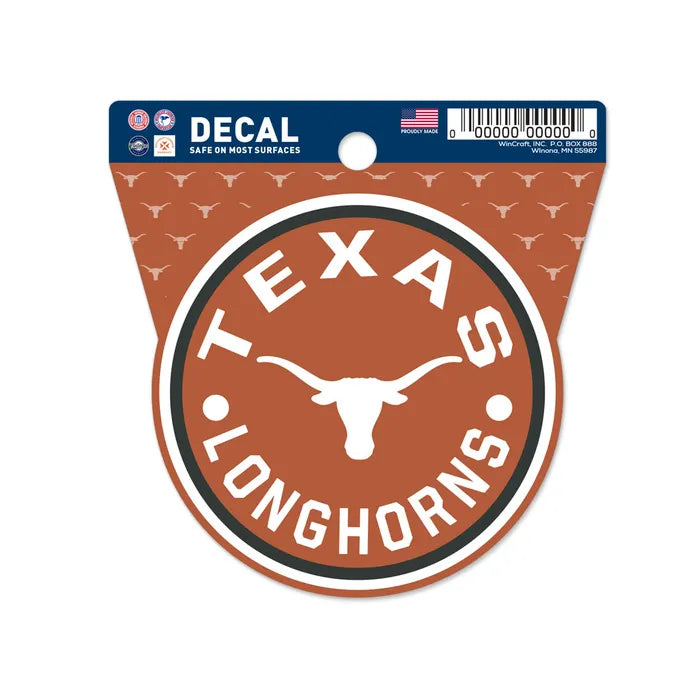 The Chill-N-Reel® Official NCAA Vinyl Decal Sticker is a 3.5” round decal featuring a burnt orange background, white longhorn steer head silhouette, and “TEXAS LONGHORNS” text—perfect for fans and college team sticker collections.