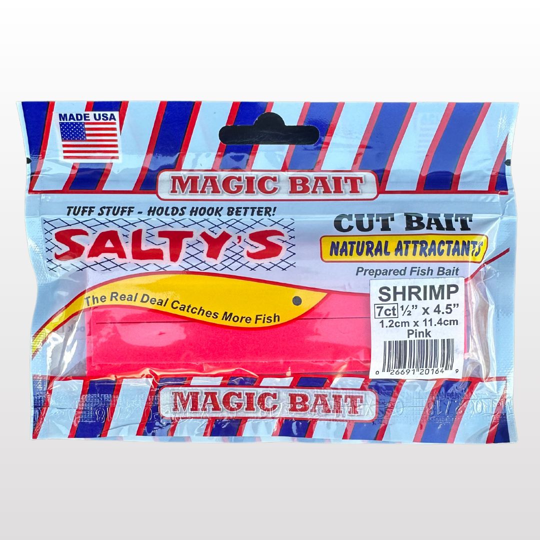 A package of "Salty's Cut Fishing Bait, by Magic Bait" is shown. The bag displays "Cut Bait" and "Natural Attractants," with shrimp as the bait type. The fishing bait includes 7 pieces of 1/2" x 4.5" (1.2cm x 11.4cm) in size and is colored pink. Proudly made in the USA by Magic Bait Co.