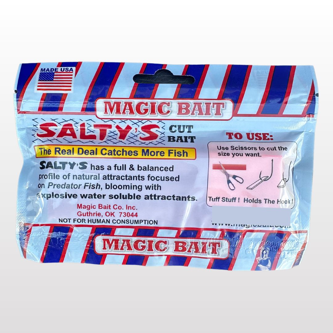 A blue and white package of Salty's Cut Fishing Bait, by Magic Bait Co, featuring instructions to use scissors for cutting and attaching the fishing bait to hooks. The package highlights the use of natural attractants intended for catching predator fish. Proudly made in the USA, it’s perfect for your Chill-N-Reel adventures.