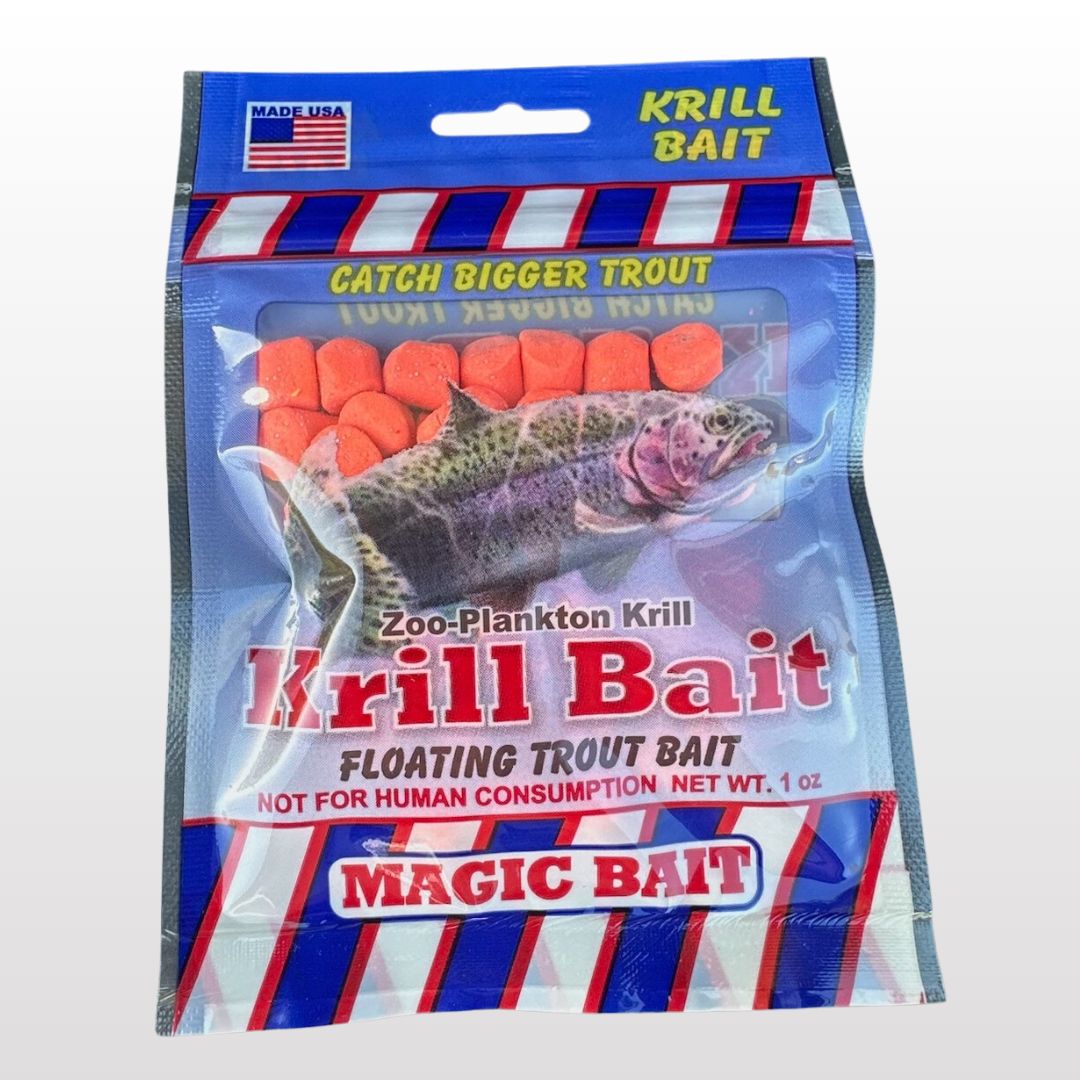 A package of Krill Bait, by Magic Bait labeled "Zoo-Plankton Krill," designed for trout fishing by Magic Bait Co. The packaging shows an image of a trout and highlights that the bait is floating and not for human consumption. The bag weighs 1 oz.