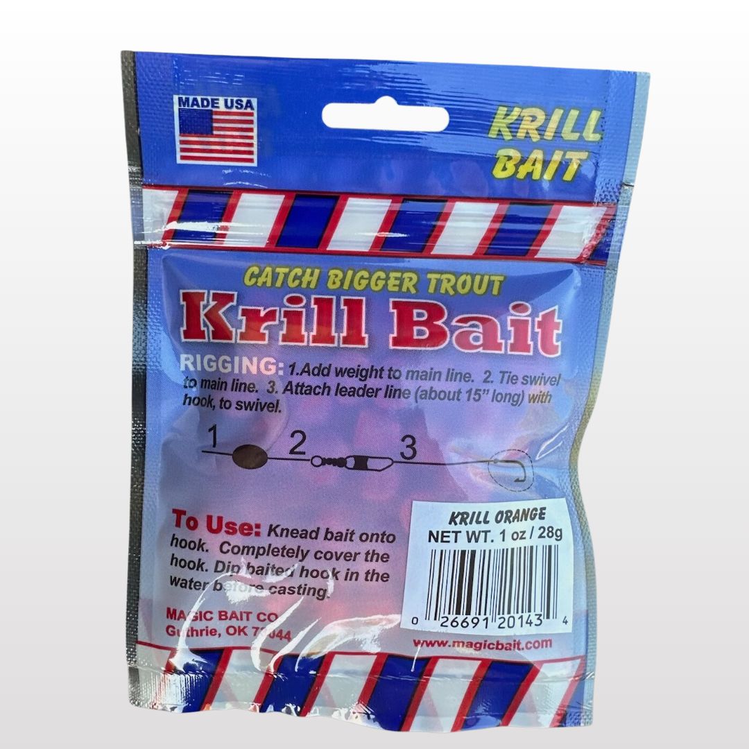 A package of Magic Bait Co's Krill Bait labeled "Catch Bigger Trout" with instructions for use and rigging. The blue packaging, accented in red and white, features a hook, weight, and swivel diagram. This USA-made product has a net weight of 1 oz (28g), perfect for trout fishing enthusiasts.