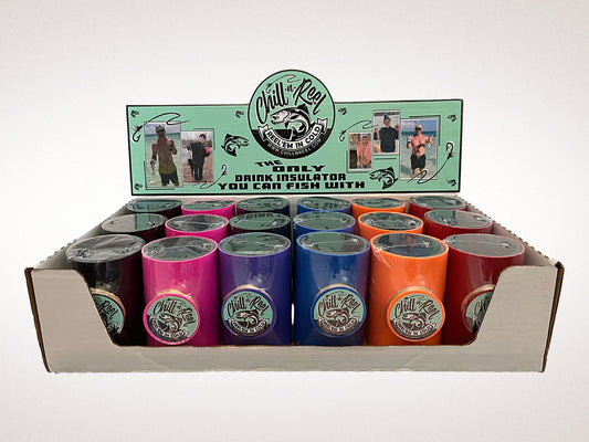 A Display Box for 18 Chill-N-Reels containing Chill-N-Reel drink insulators in various colors, including pink, purple, blue, and orange. The box features a sign displaying the brand's logo and slogan, "The only drink insulator you can fish with," along with images of people fishing.