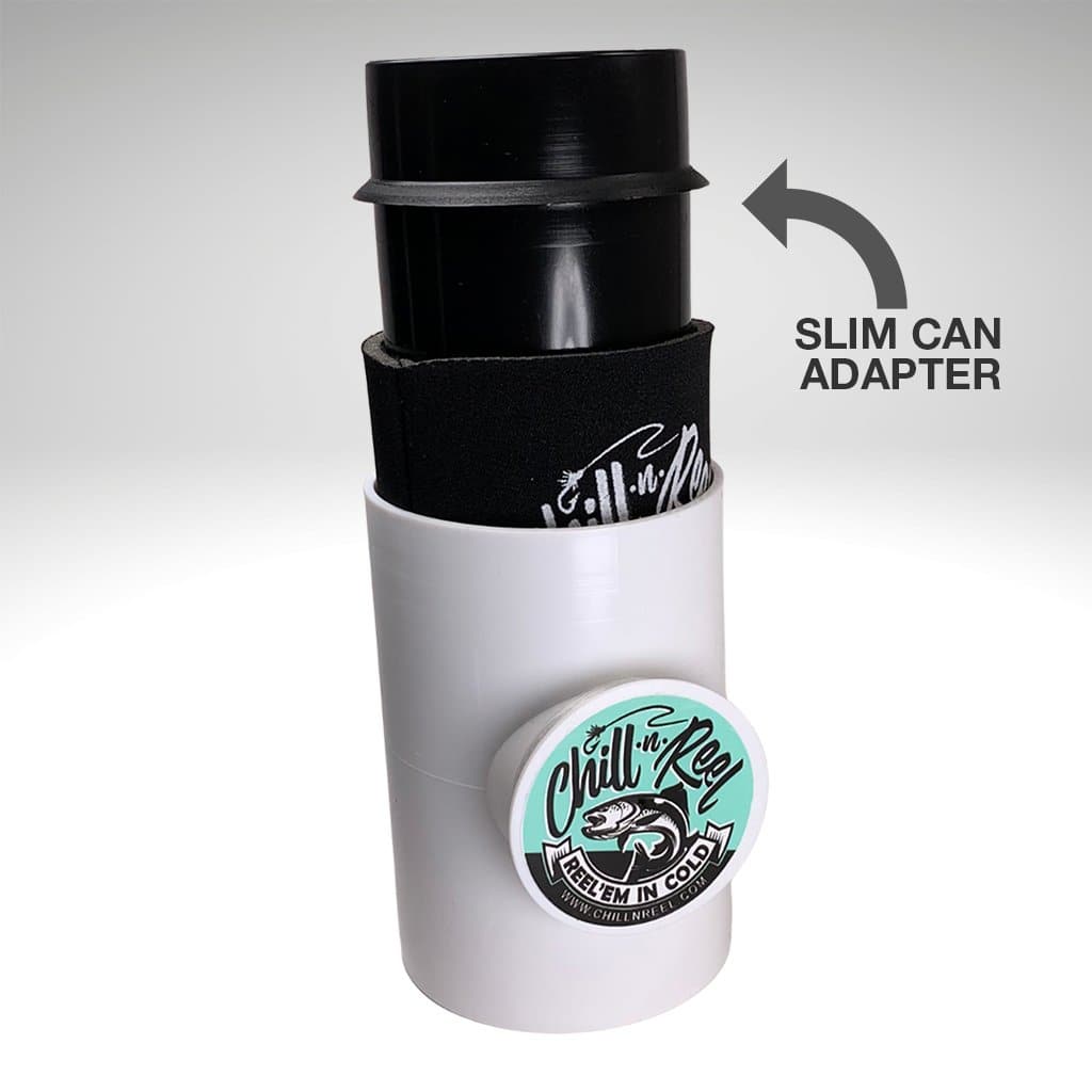 A white Slim Can Adapter for Chill-N-Reel with a black top section marked as a "slim can adapter." A black koozie and a round turquoise badge that reads "Chill-N-Reel, Reel In Cool" are attached to the Slim Can Adapter.