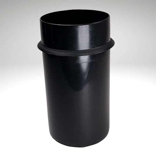 A black cylindrical container with a smooth, glossy finish and a wide mouth, perfect as the Slim Can Adapter for Chill-N-Reel. The container has an exterior rim near the top and is set against a plain, light gray background.