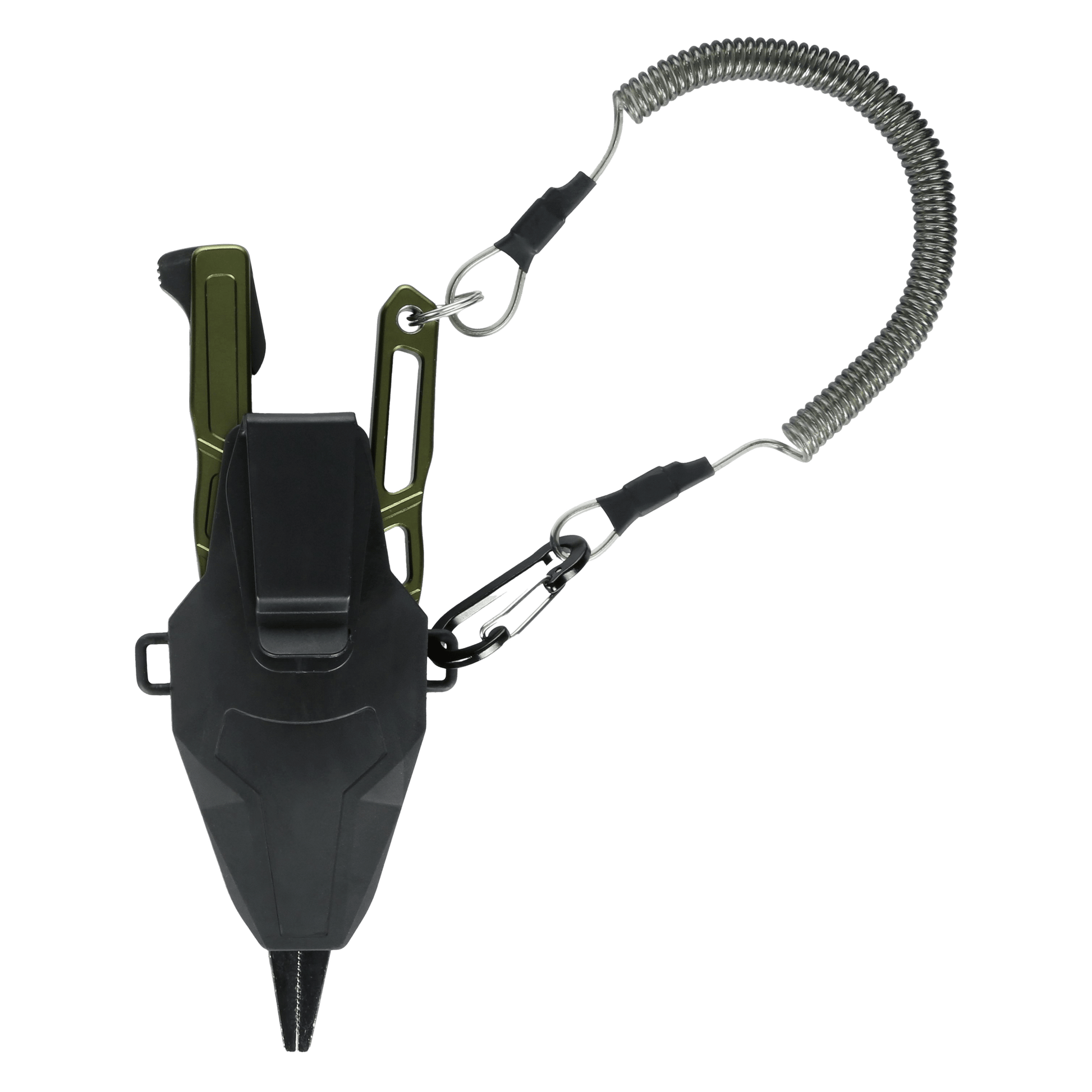 The Line Cutterz Elite Pliers by Line Cutterz, featuring black and green handles, a ceramic blade cutter, protective sheath, belt clip, carabiner, and coiled lanyard, are displayed on a plain white background.