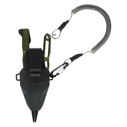 The Line Cutterz Elite Pliers by Line Cutterz, featuring black and green handles, a ceramic blade cutter, protective sheath, belt clip, carabiner, and coiled lanyard, are displayed on a plain white background.