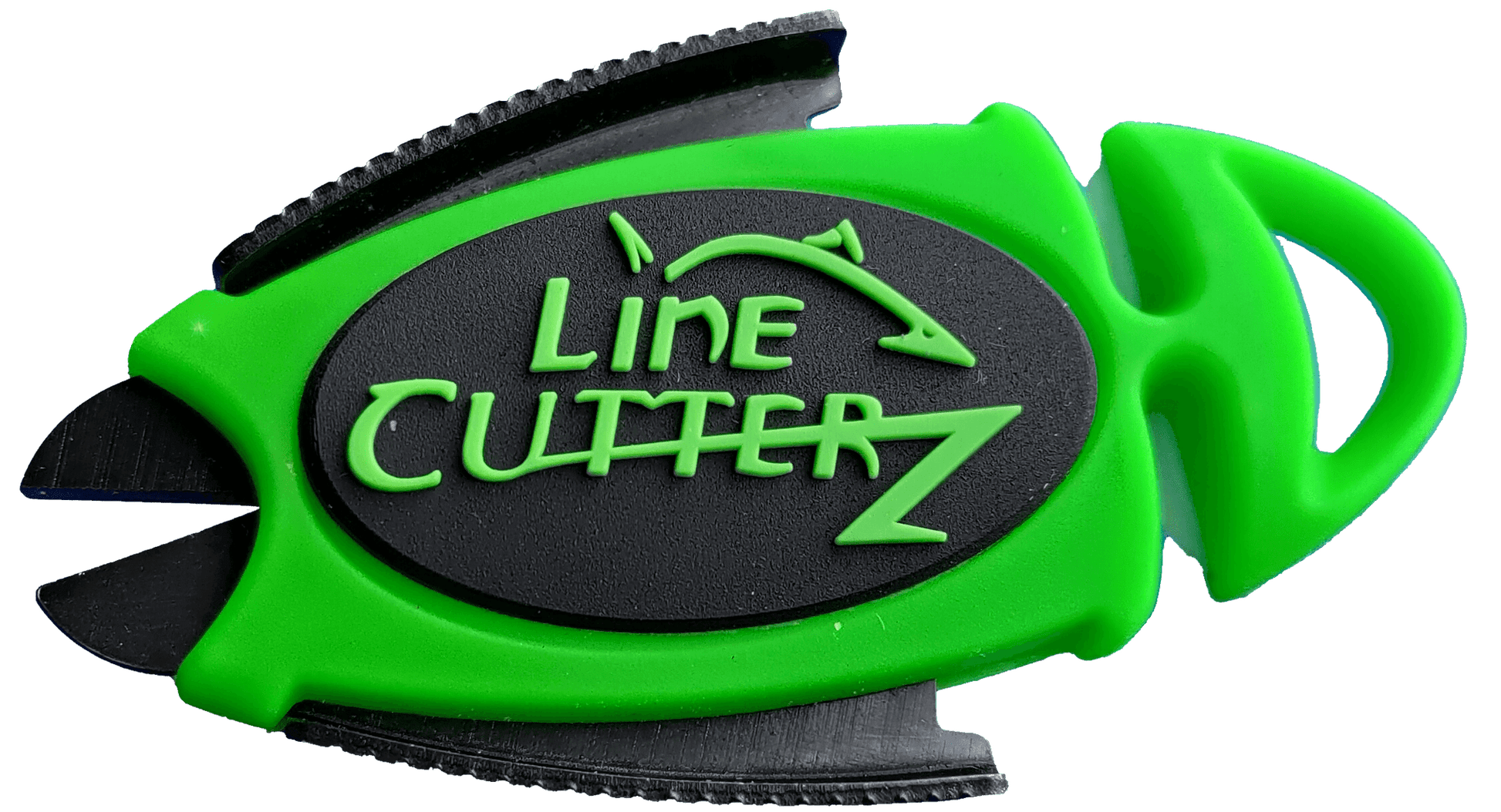 The Line Cutterz Dual Hybrid Micro Scissors by Line Cutterz are green and black plastic fishing line cutters with a curved grip, exposed blades, and advanced ceramic cutting technology for efficient line trimming.