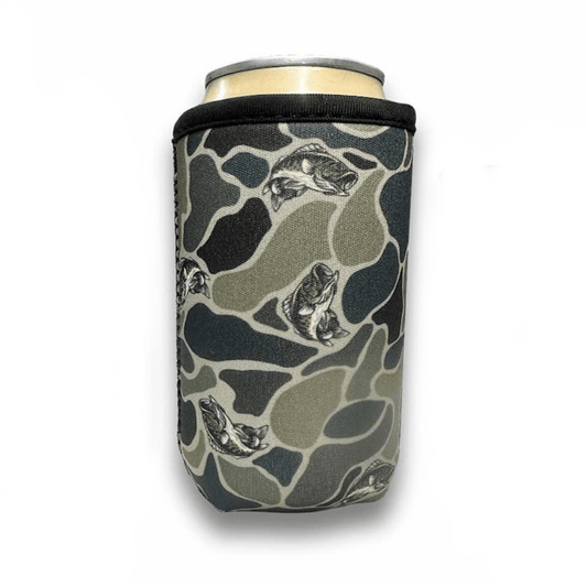 A 12oz can in a Drink Handlers Premium Can Sleeve for Chill-N-Reel, featuring a camouflage neoprene design with black and white fish illustrations on a white background.