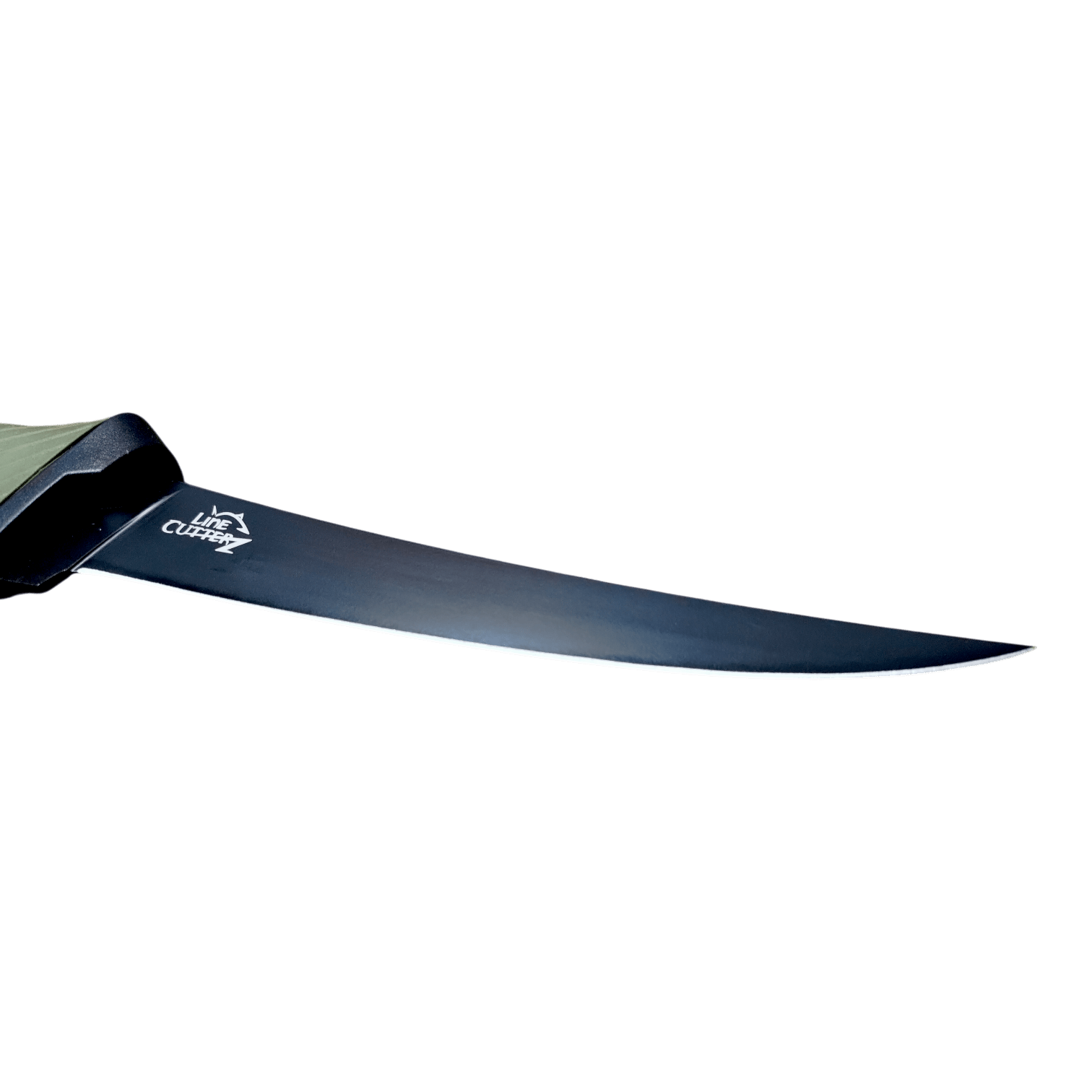 A close-up of the Line Cutterz Elite Fillet Knife by Line Cutterz, featuring a long, thin, curved stainless steel blade with a logo and a sharp edge for detailed cutting, and a dark handle, set against a plain white background.