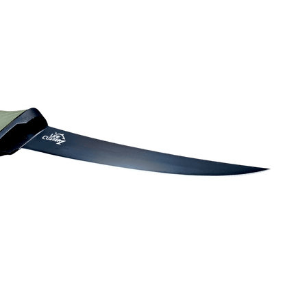 A close-up of the Line Cutterz Elite Fillet Knife by Line Cutterz, featuring a long, thin, curved stainless steel blade with a logo and a sharp edge for detailed cutting, and a dark handle, set against a plain white background.