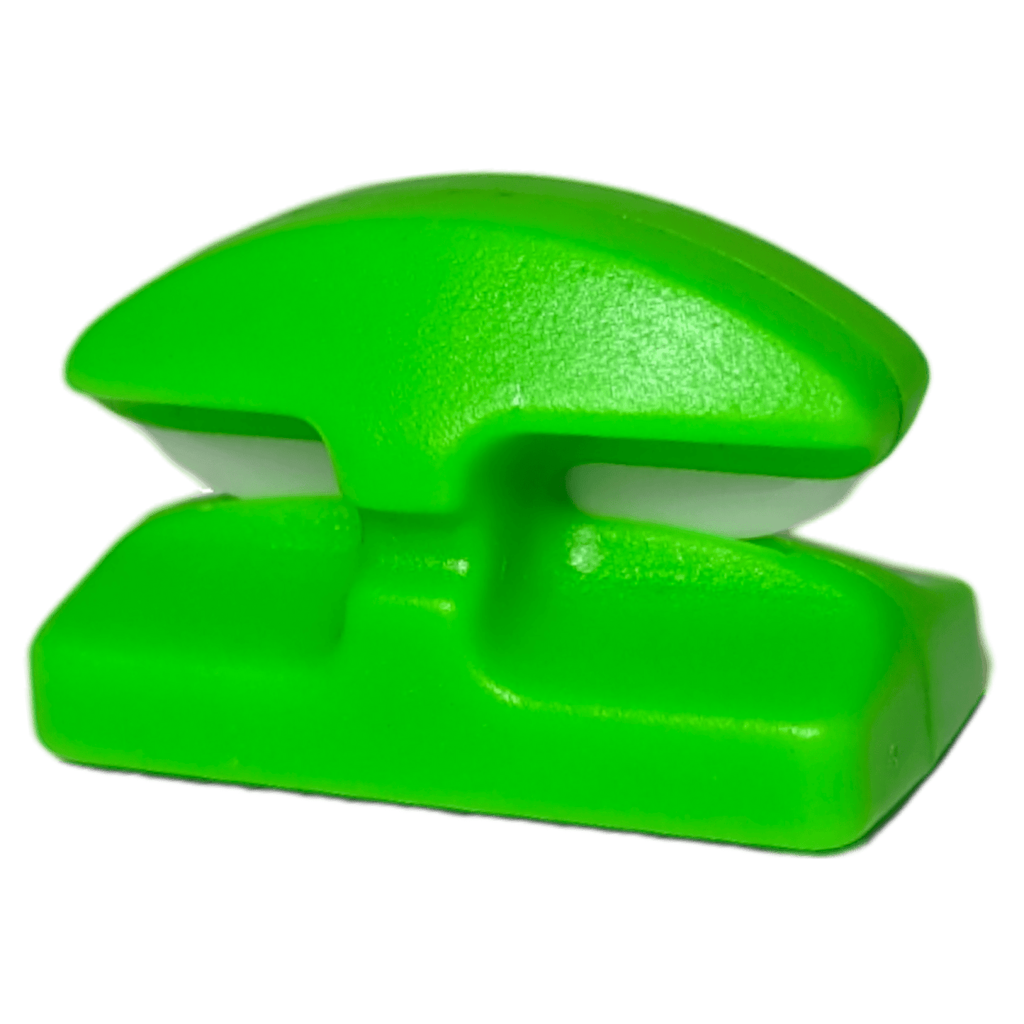 The Line Cutterz Ceramic Blade Peel & Stick Flat Mount by Line Cutterz is a compact, bright green plastic fishing line cutter with a curved top and flat base, shown against a white background.