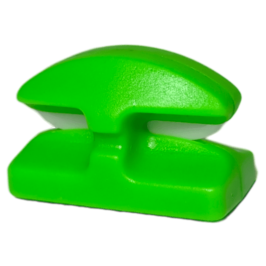 The Line Cutterz Ceramic Blade Peel & Stick Flat Mount by Line Cutterz is a compact, bright green plastic fishing line cutter with a curved top and flat base, shown against a white background.
