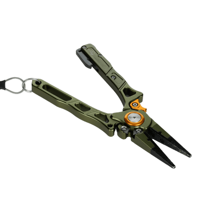 The Line Cutterz Elite Pliers by Line Cutterz feature an olive green body, black-tipped gripping end, orange accent at the pivot, ceramic blade cutter, and a lanyard ring on one handle, shown against a white background.