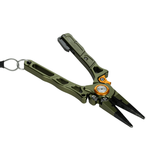 The Line Cutterz Elite Pliers by Line Cutterz feature an olive green body, black-tipped gripping end, orange accent at the pivot, ceramic blade cutter, and a lanyard ring on one handle, shown against a white background.