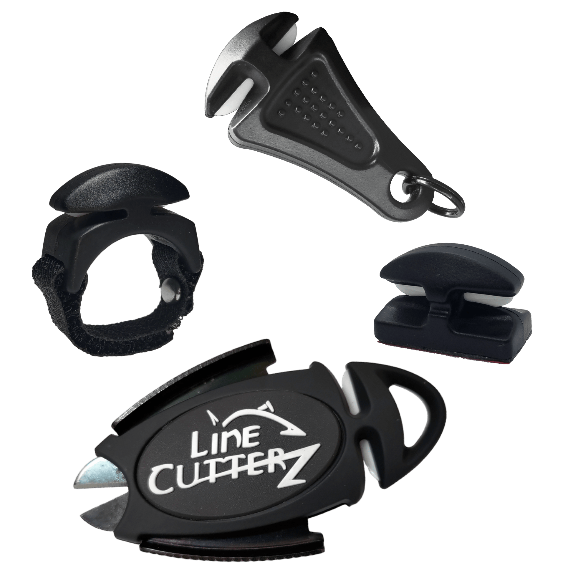 The Line Cutterz "QUADRUPLE PLAY" Fishing Line Cutter Multi-Pack includes four black cutters: a ceramic blade ring, clip-on, keychain, and compact styles—each with its own unique ergonomic design.