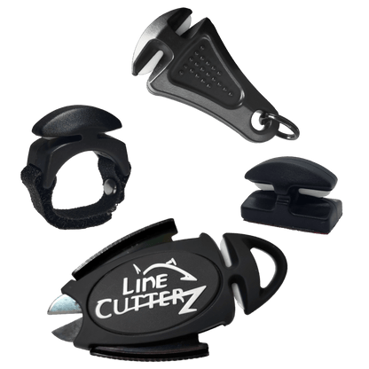 The Line Cutterz "QUADRUPLE PLAY" Fishing Line Cutter Multi-Pack includes four black cutters: a ceramic blade ring, clip-on, keychain, and compact styles—each with its own unique ergonomic design.