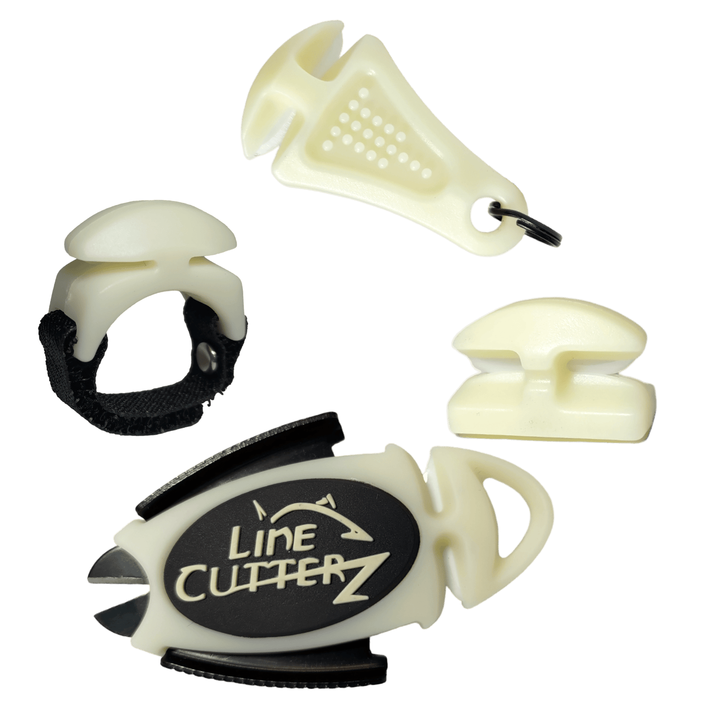 The "QUADRUPLE PLAY" Fishing Line Cutter Multi-Pack by Line Cutterz includes a ceramic blade ring, keychain cutter, and two small cutters with "Line Cutterz" branding, all shown on a white background.